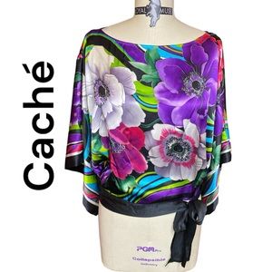 100% Silk Caché Kimono Blouse Bright Colorful Floral Pattern Side Tie Sz Small